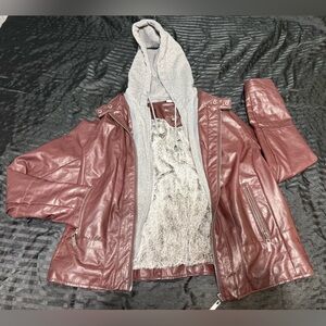 Women's Burgundy Leather Jacket with Gray Hoodie